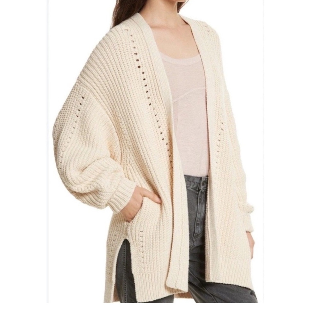 Free People Cardigan Womens Cream Heavy Knit Nightingale Sweater Pockets